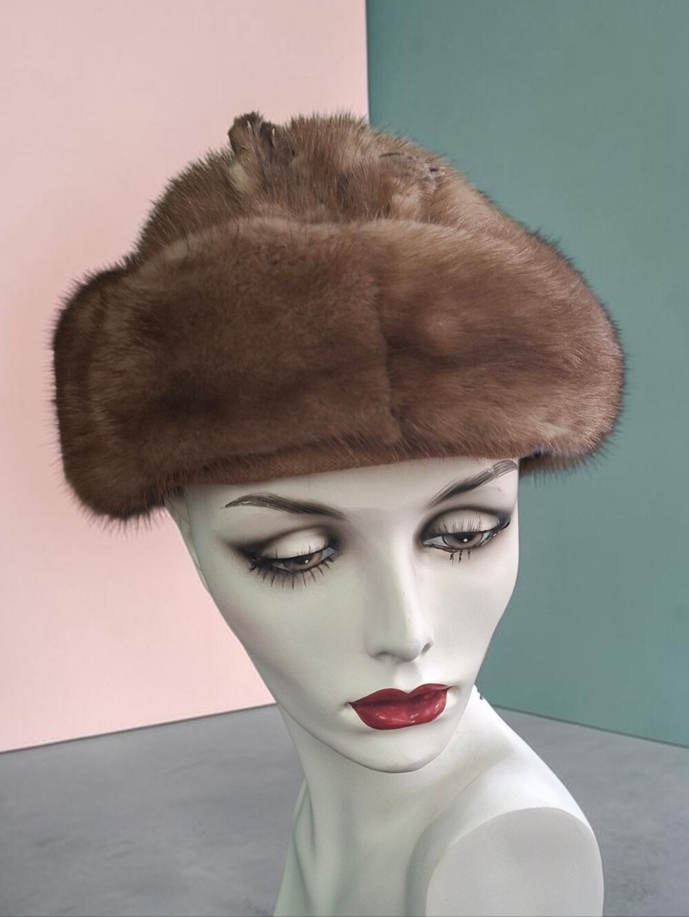 Vintage Camille Vinci Paris Real Mink Fur Pillbox Hat - Tan Brown - 50s 60s
